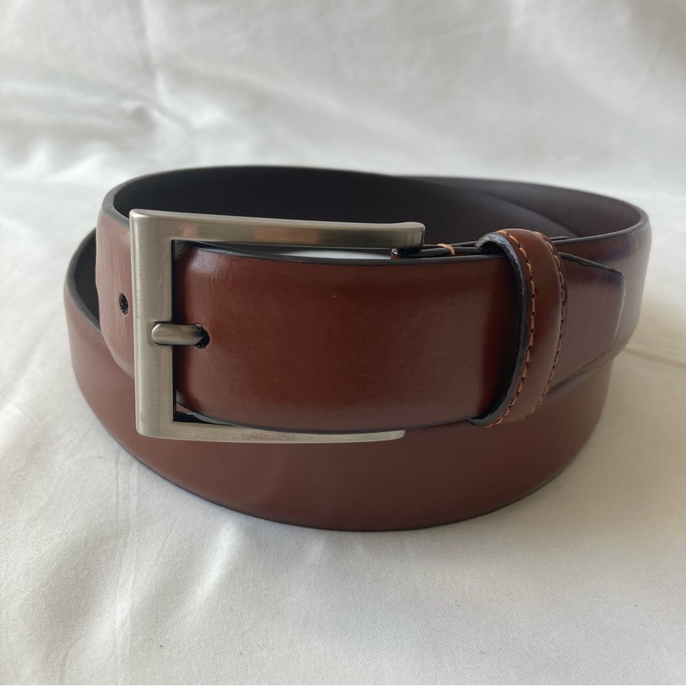 Florsheim Men's Leather Belt Brown Size 38 Silver Buckle Minimal Sleek Classic